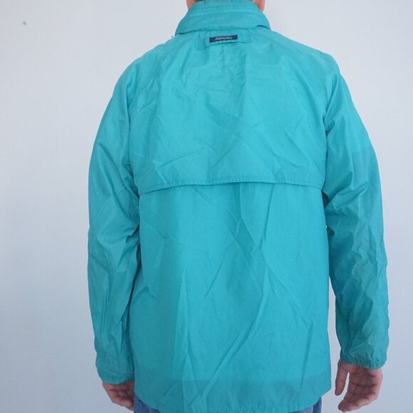 Vintage '80S Brooks Teal Nylon Stowaway Hood Zip Up Waterproof Rain Jacket L - Picture 2 of 10